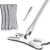 Package Includes 140cm extra-long handle made of stainless steel and PE material, 3 reusable microfiber mop pads (washable up to 500 times). 360° Rotation: Rotating head with an X-shaped design for reaching corners, furniture legs, grooves, and hard-to-reach areas. Microfiber Pads: Thousands of microfibers absorb dirt and dust; they are safe for various floor types (tile, wood, laminate, concrete, stone). Hand Washing: One-button twist for easy water wringing; drying rate of 90%-100%. Easy to Use: Simple assembly and cleaning, with easy mop tip replacement; designed for ease of use and space-saving storage.